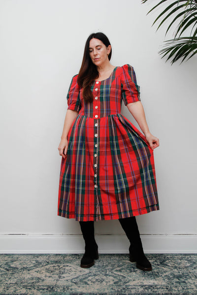 Vintage Gothic Bohemian Tartan Cotton Dress, Scottish Red Green & Blue Plaid