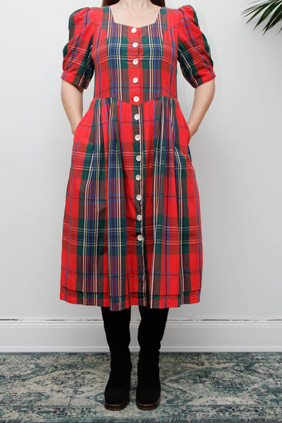 Vintage Gothic Bohemian Tartan Cotton Dress, Scottish Red Green & Blue Plaid