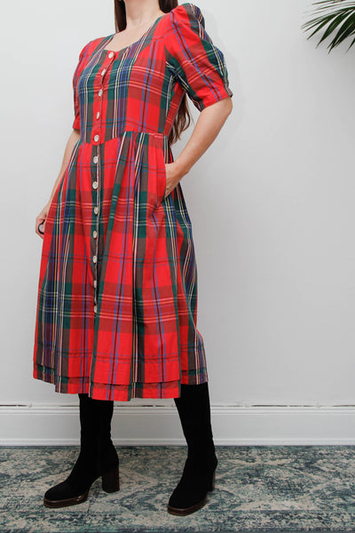 Vintage Gothic Bohemian Tartan Cotton Dress, Scottish Red Green & Blue Plaid