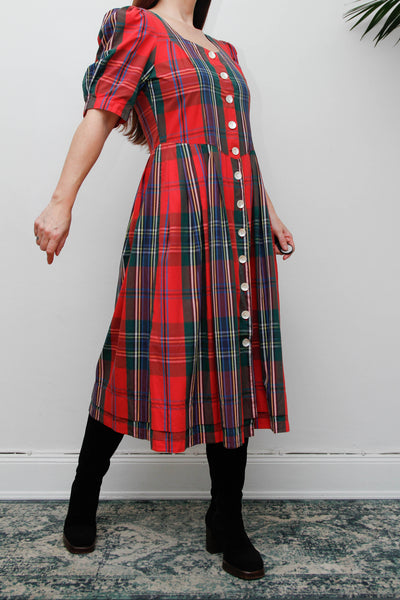 Vintage Gothic Bohemian Tartan Cotton Dress, Scottish Red Green & Blue Plaid