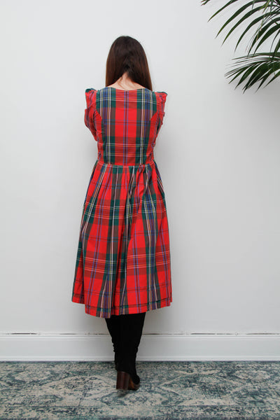 Vintage Gothic Bohemian Tartan Cotton Dress, Scottish Red Green & Blue Plaid