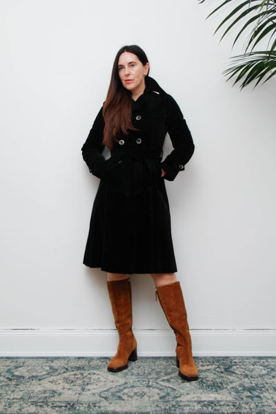Vintage Black Velvet Trench Coat, Gothic Cotton Velvet & Belt