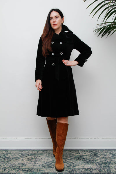 Vintage Black Velvet Trench Coat, Gothic Cotton Velvet & Belt