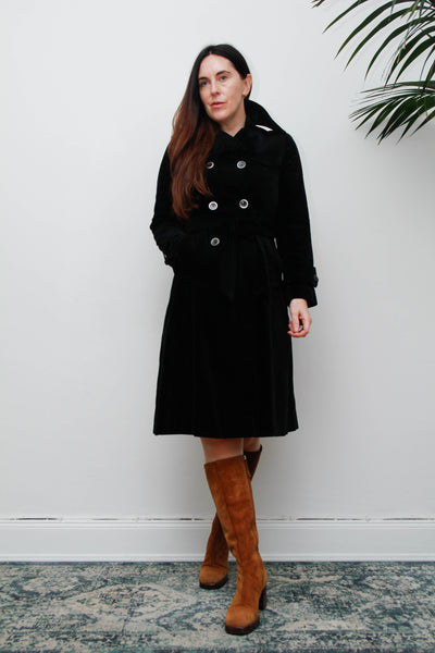 Vintage Black Velvet Trench Coat, Gothic Cotton Velvet & Belt