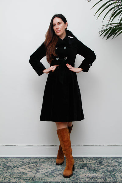 Vintage Black Velvet Trench Coat, Gothic Cotton Velvet & Belt