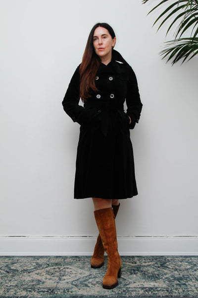 Vintage Black Velvet Trench Coat, Gothic Cotton Velvet & Belt