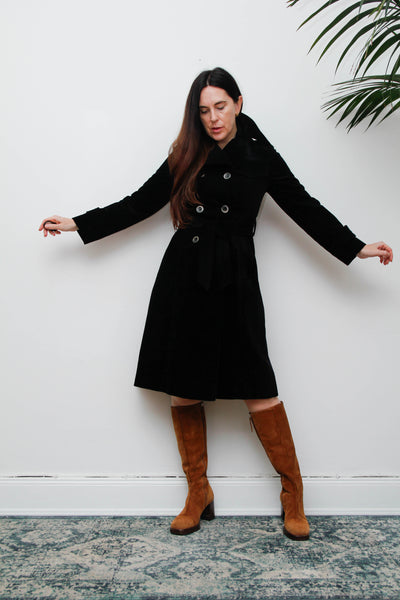 Vintage Black Velvet Trench Coat, Gothic Cotton Velvet & Belt