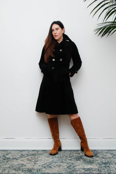Vintage Black Velvet Trench Coat, Gothic Cotton Velvet & Belt