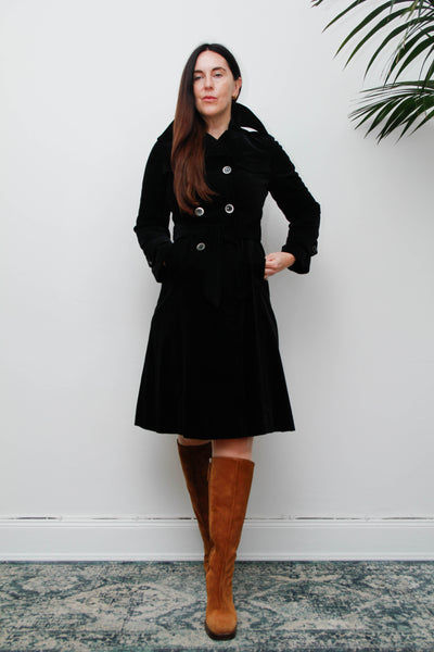 Vintage Black Velvet Trench Coat, Gothic Cotton Velvet & Belt