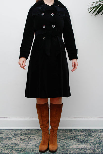 Vintage Black Velvet Trench Coat, Gothic Cotton Velvet & Belt