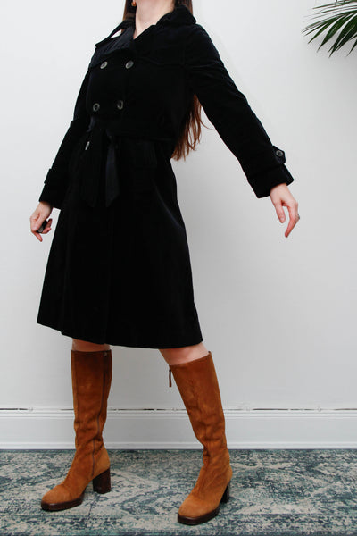 Vintage Black Velvet Trench Coat, Gothic Cotton Velvet & Belt
