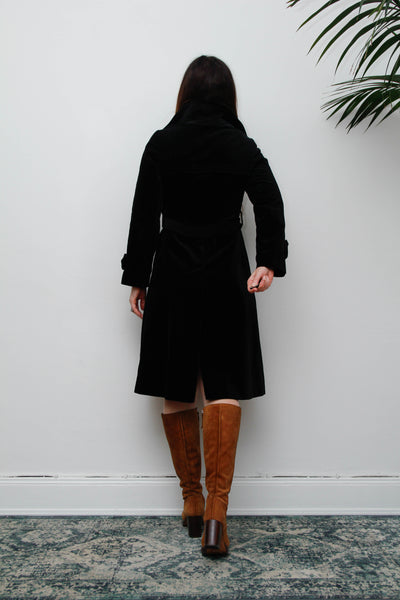 Vintage Black Velvet Trench Coat, Gothic Cotton Velvet & Belt