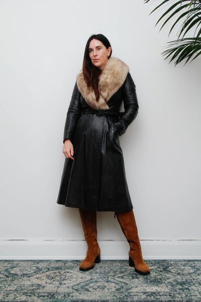 Vintage Black Leather Silver Fox Fur Coat, Fitted Gothic Princess Trench