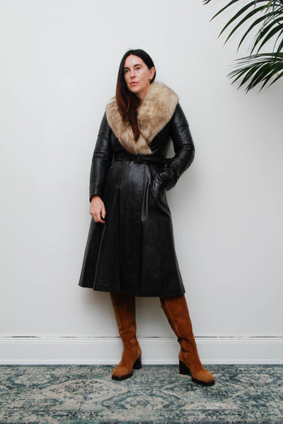 Vintage Black Leather Silver Fox Fur Coat, Fitted Gothic Princess Trench