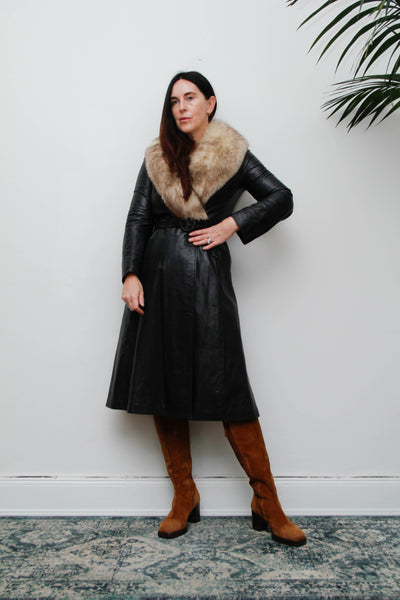Vintage Black Leather Silver Fox Fur Coat, Fitted Gothic Princess Trench