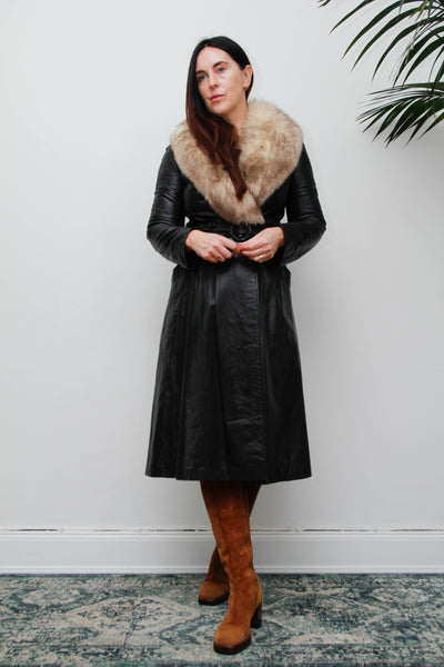 Vintage Black Leather Silver Fox Fur Coat, Fitted Gothic Princess Trench