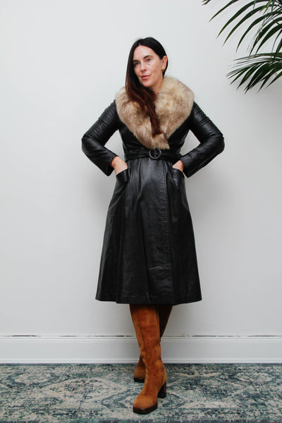 Vintage Black Leather Silver Fox Fur Coat, Fitted Gothic Princess Trench