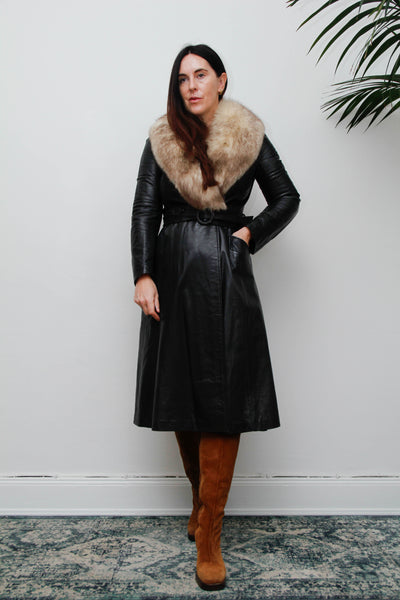 Vintage Black Leather Silver Fox Fur Coat, Fitted Gothic Princess Trench
