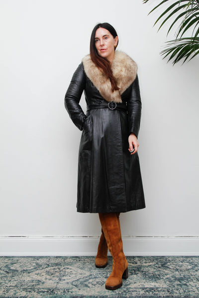 Vintage Black Leather Silver Fox Fur Coat, Fitted Gothic Princess Trench