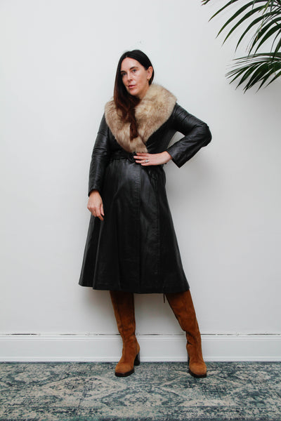 Vintage Black Leather Silver Fox Fur Coat, Fitted Gothic Princess Trench