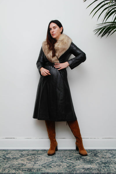 Vintage Black Leather Silver Fox Fur Coat, Fitted Gothic Princess Trench