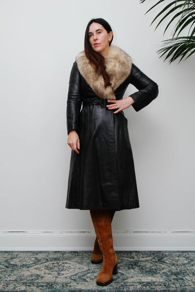 Vintage Black Leather Silver Fox Fur Coat, Fitted Gothic Princess Trench