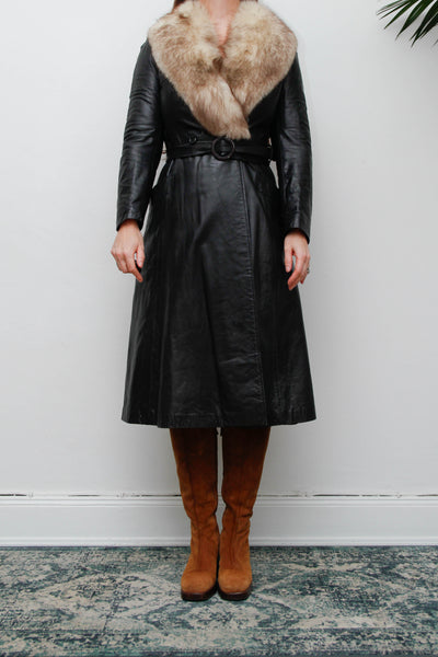 Vintage Black Leather Silver Fox Fur Coat, Fitted Gothic Princess Trench