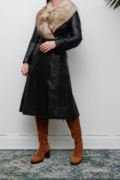 Vintage Black Leather Silver Fox Fur Coat, Fitted Gothic Princess Trench