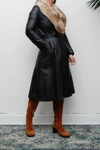Vintage Black Leather Silver Fox Fur Coat, Fitted Gothic Princess Trench
