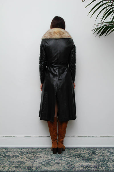 Vintage Black Leather Silver Fox Fur Coat, Fitted Gothic Princess Trench