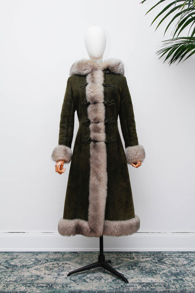 Vintage 1970s Forest Green Suede Sheepskin Coat, Gothic Bohemian