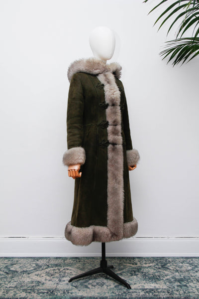 Vintage 1970s Forest Green Suede Sheepskin Coat, Gothic Bohemian