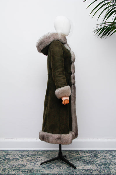 Vintage 1970s Forest Green Suede Sheepskin Coat, Gothic Bohemian