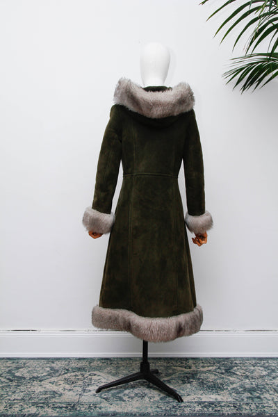 Vintage 1970s Forest Green Suede Sheepskin Coat, Gothic Bohemian
