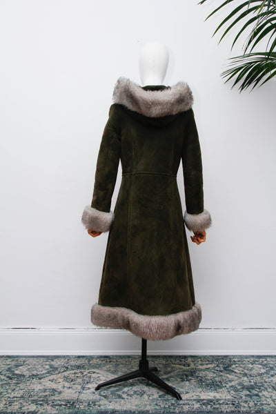 Vintage 1970s Forest Green Suede Sheepskin Coat, Gothic Bohemian