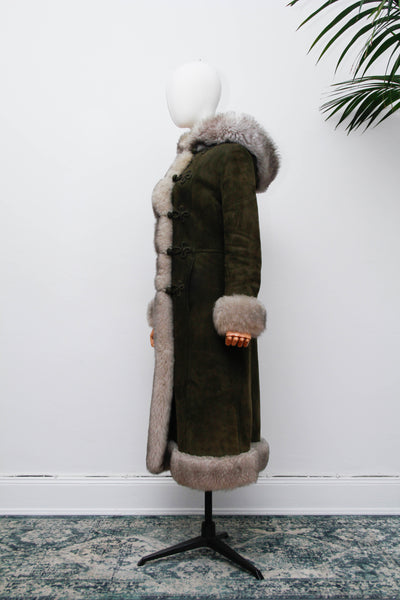 Vintage 1970s Forest Green Suede Sheepskin Coat, Gothic Bohemian