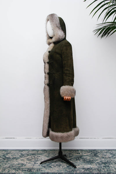 Vintage 1970s Forest Green Suede Sheepskin Coat, Gothic Bohemian