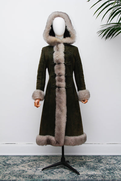 Vintage 1970s Forest Green Suede Sheepskin Coat, Gothic Bohemian