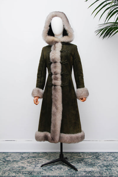 Vintage 1970s Forest Green Suede Sheepskin Coat, Gothic Bohemian