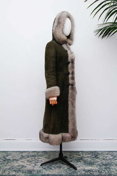 Vintage 1970s Forest Green Suede Sheepskin Coat, Gothic Bohemian