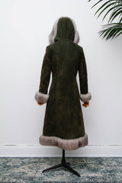 Vintage 1970s Forest Green Suede Sheepskin Coat, Gothic Bohemian