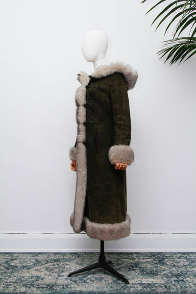 Vintage 1970s Forest Green Suede Sheepskin Coat, Gothic Bohemian