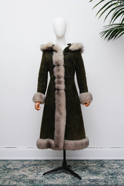 Vintage 1970s Forest Green Suede Sheepskin Coat, Gothic Bohemian