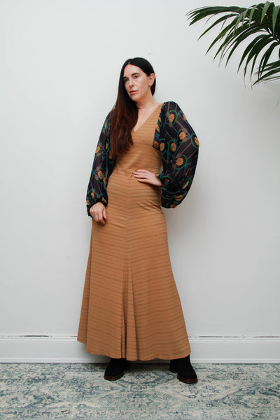 Rare Vintage Bohemian Dress, Earthy Sand Tone & Dramatic Sheer Floral Sleeves