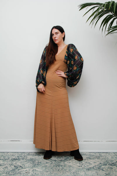 Rare Vintage Bohemian Dress, Earthy Sand Tone & Dramatic Sheer Floral Sleeves