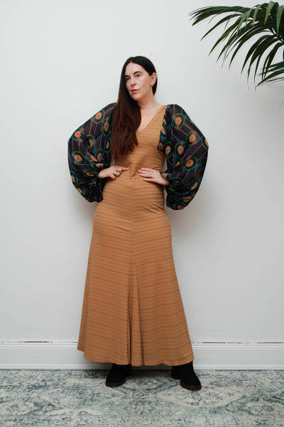 Rare Vintage Bohemian Dress, Earthy Sand Tone & Dramatic Sheer Floral Sleeves