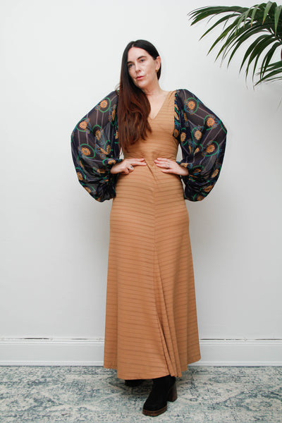 Rare Vintage Bohemian Dress, Earthy Sand Tone & Dramatic Sheer Floral Sleeves