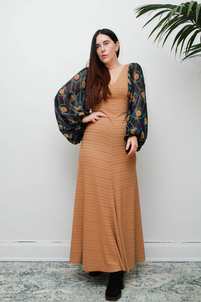 Rare Vintage Bohemian Dress, Earthy Sand Tone & Dramatic Sheer Floral Sleeves