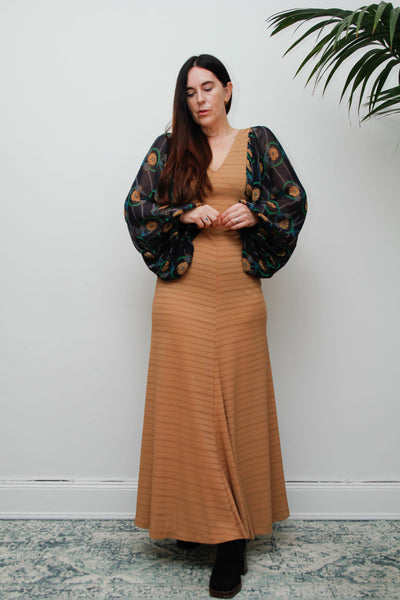 Rare Vintage Bohemian Dress, Earthy Sand Tone & Dramatic Sheer Floral Sleeves