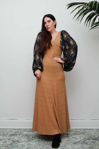 Rare Vintage Bohemian Dress, Earthy Sand Tone & Dramatic Sheer Floral Sleeves